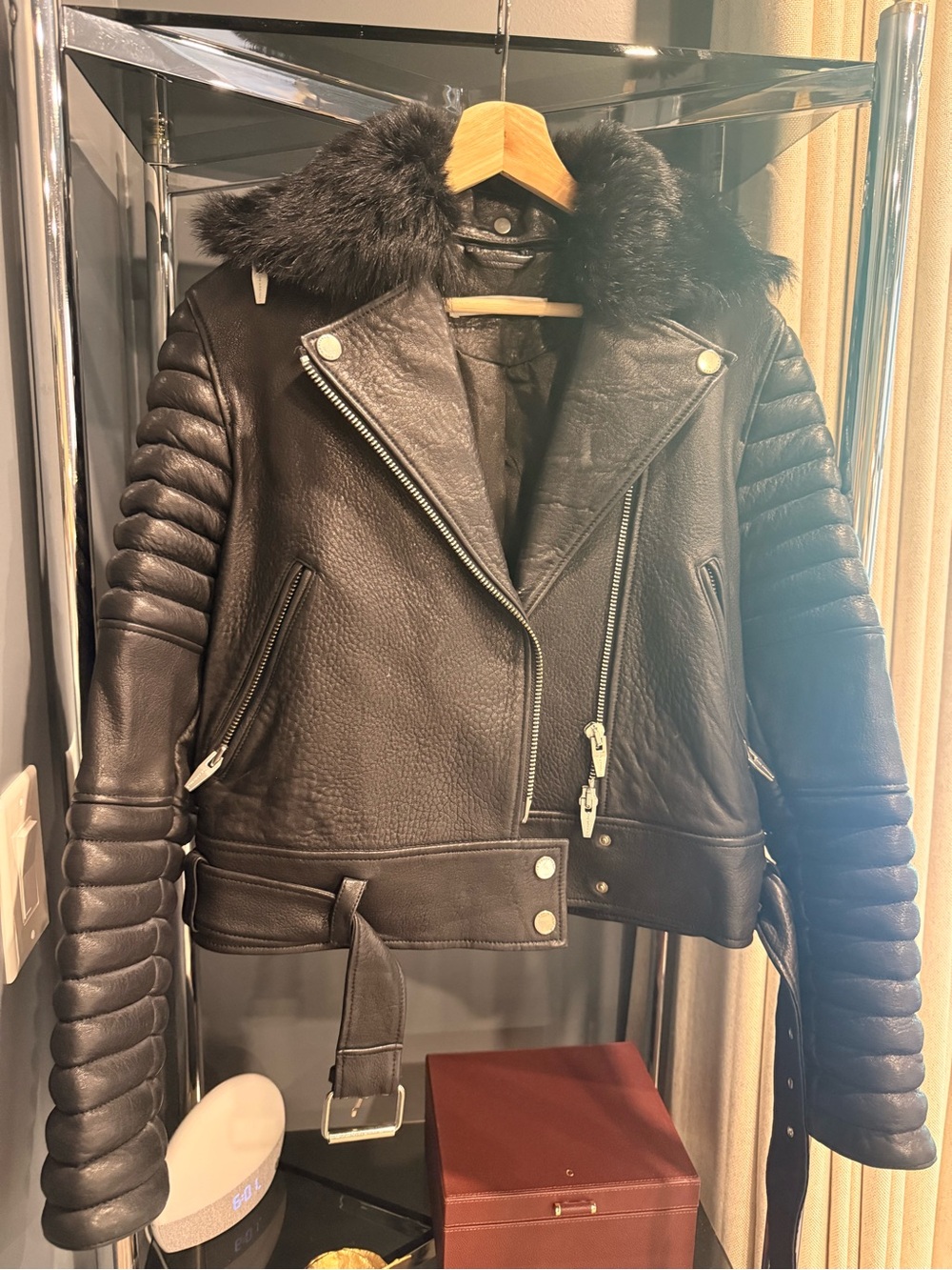 Women's Black Leather Moto Jacket with Faux Fur Collar